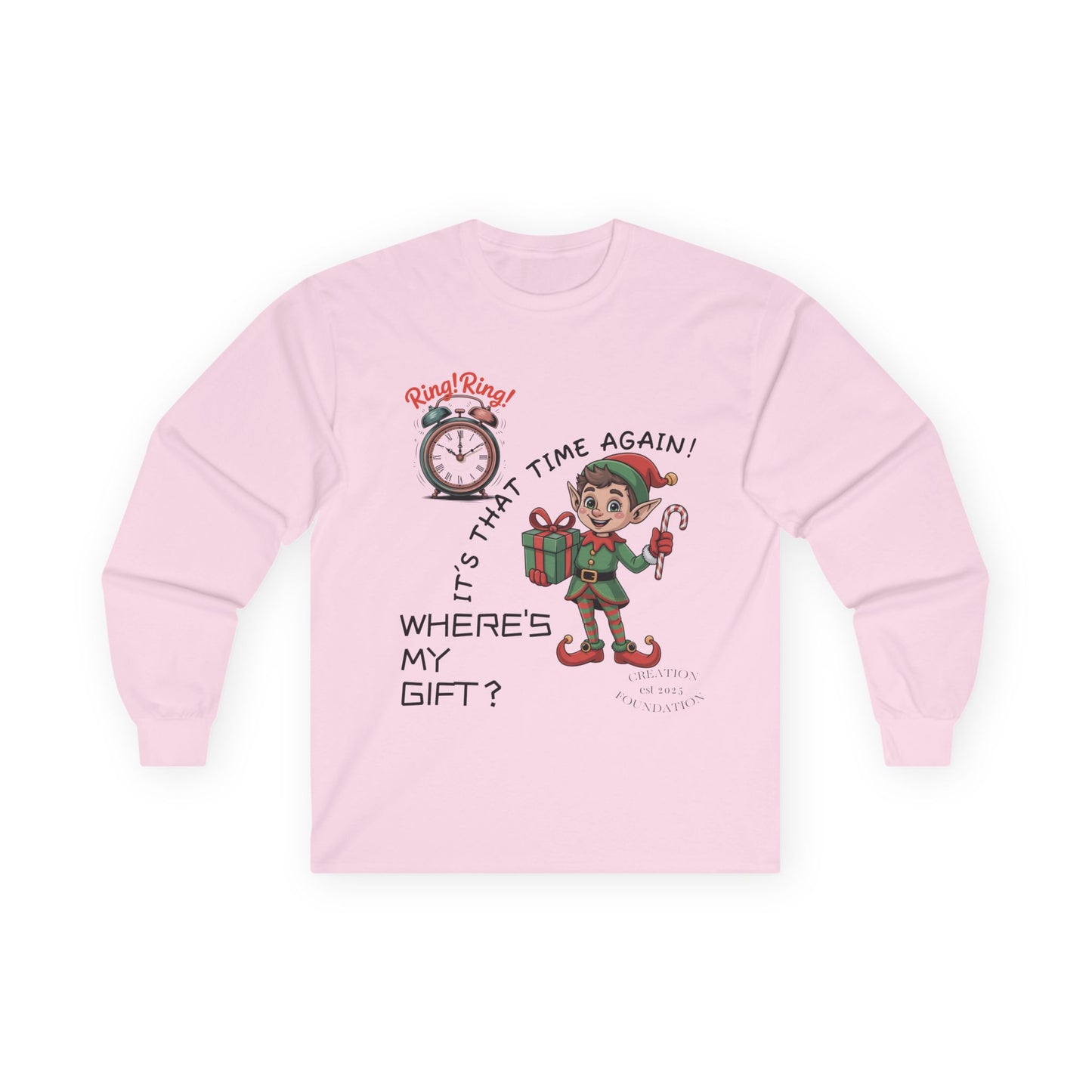 Christmas Elf Long Sleeve Adult Tee - 'Where's My Gift?'