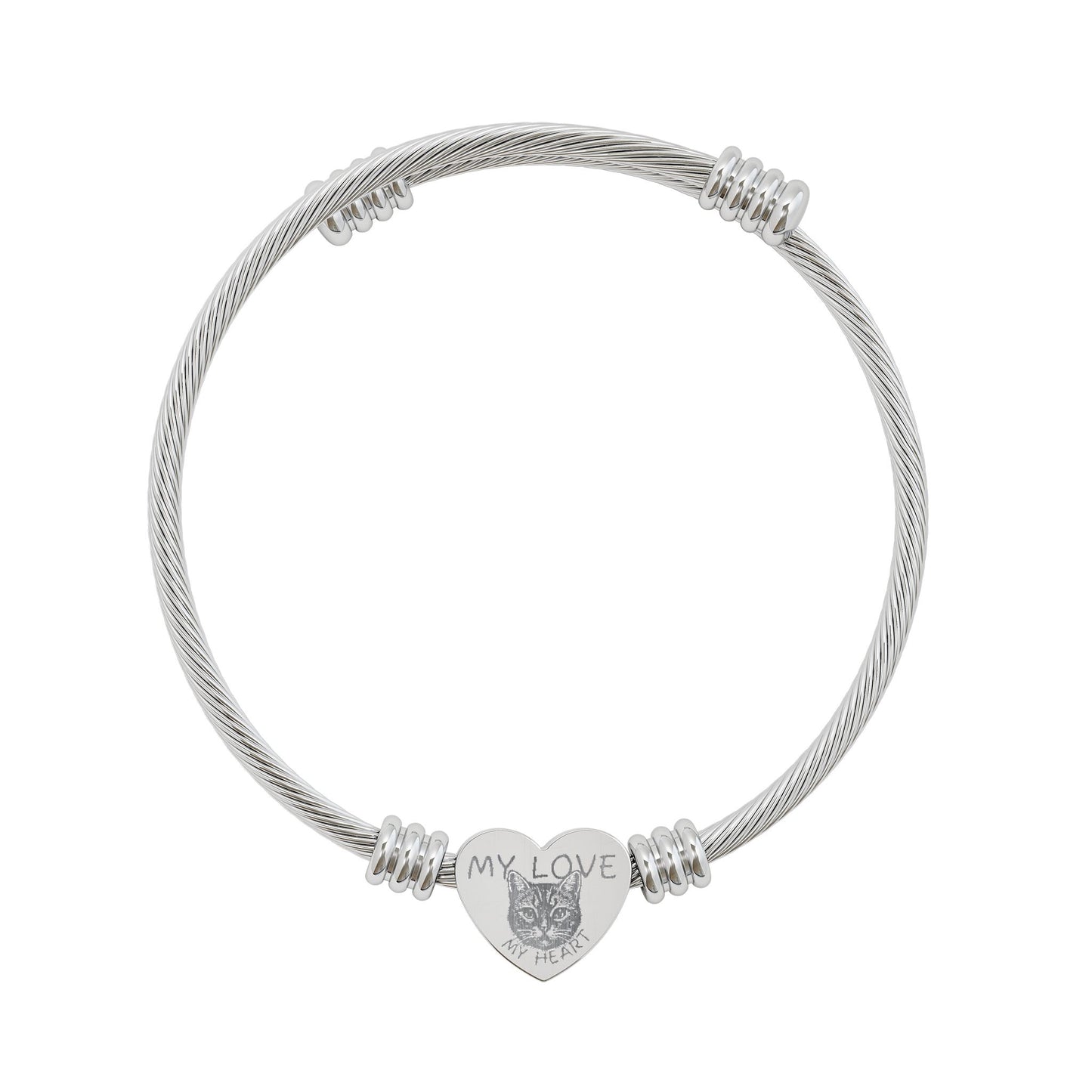Pet Cat My Love My Heart (TM) Engraved Heart Cable Bangle