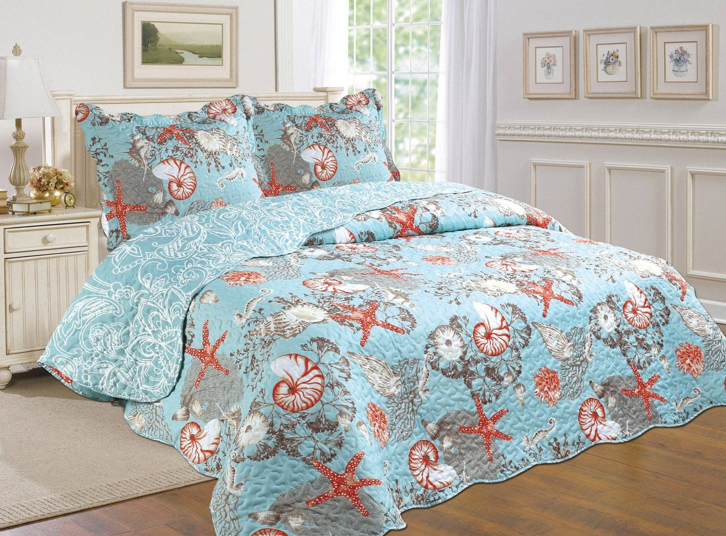 Bundle Coastal Style 3-Piece Reversible Quilt Set + 1000% Thread Count Sheets