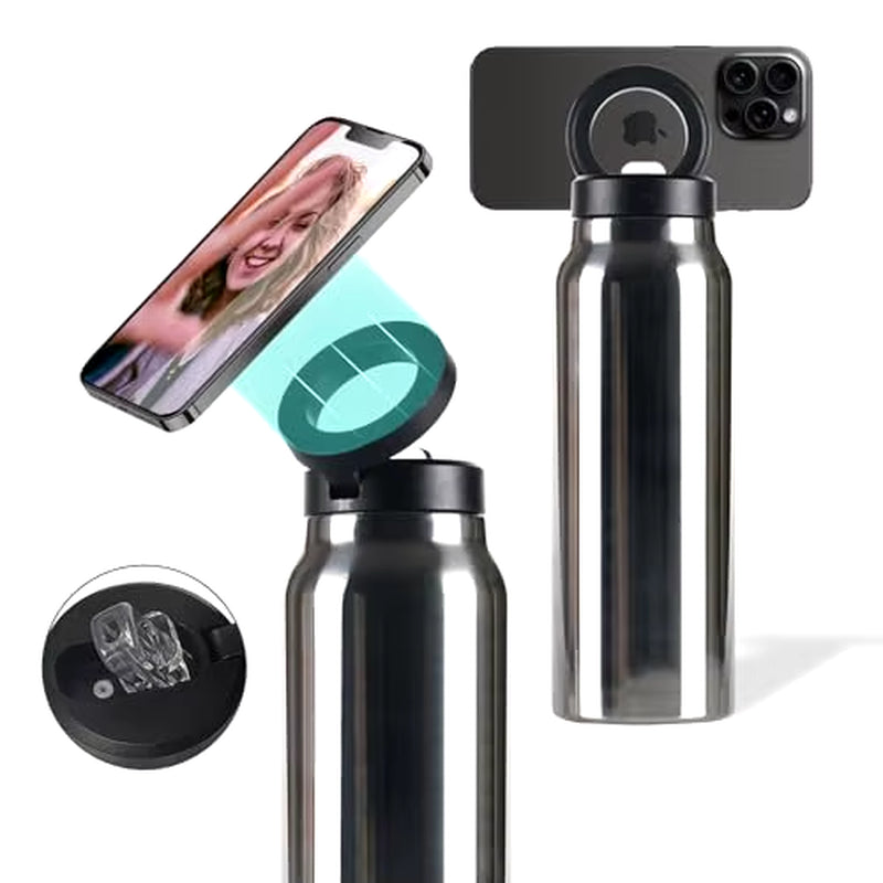 Insulated Water Bottle Compatible Magsafe Water Bottle with Phone Holder,Stainless Steel Water Bottle with Magnetic Phone Tripod