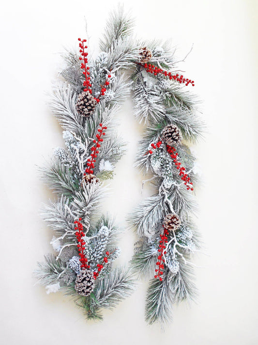 Beauty! Flocked Christmas Mixed Garland with Red Berries Pinecones