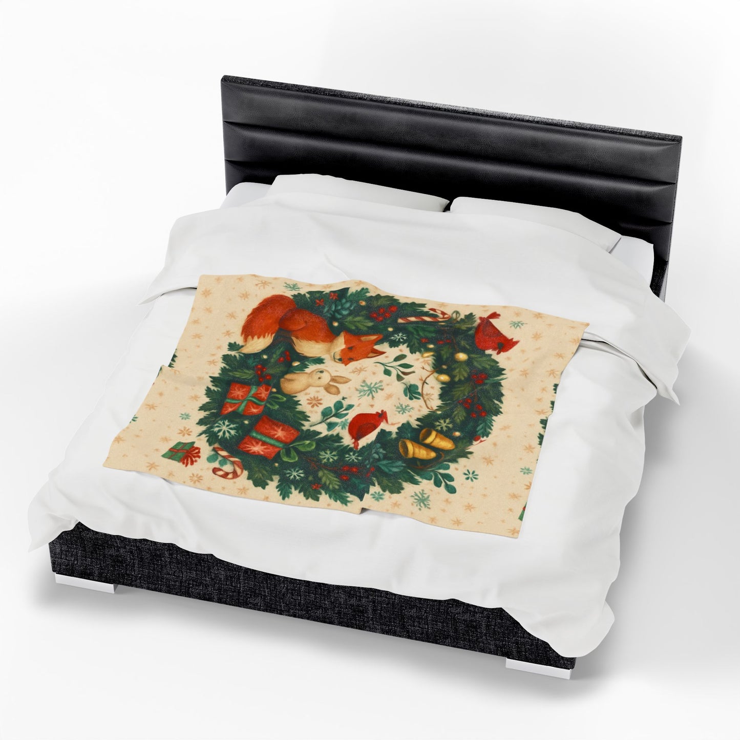 Cozy Holiday Velveteen Plush Blanket with Fox & Wreath Design, Warm Snuggle Throw for Christmas, Winter Decor, Gift Idea