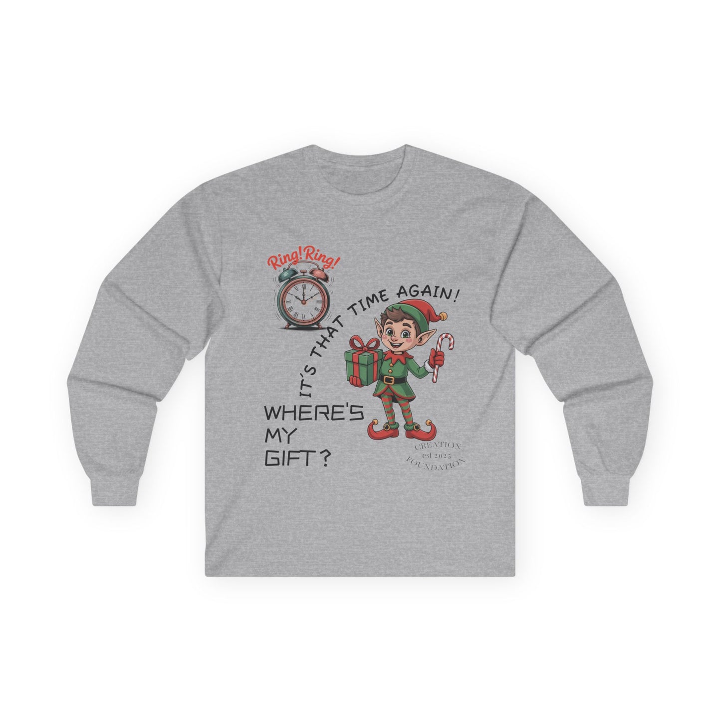 Christmas Elf Long Sleeve Adult Tee - 'Where's My Gift?'