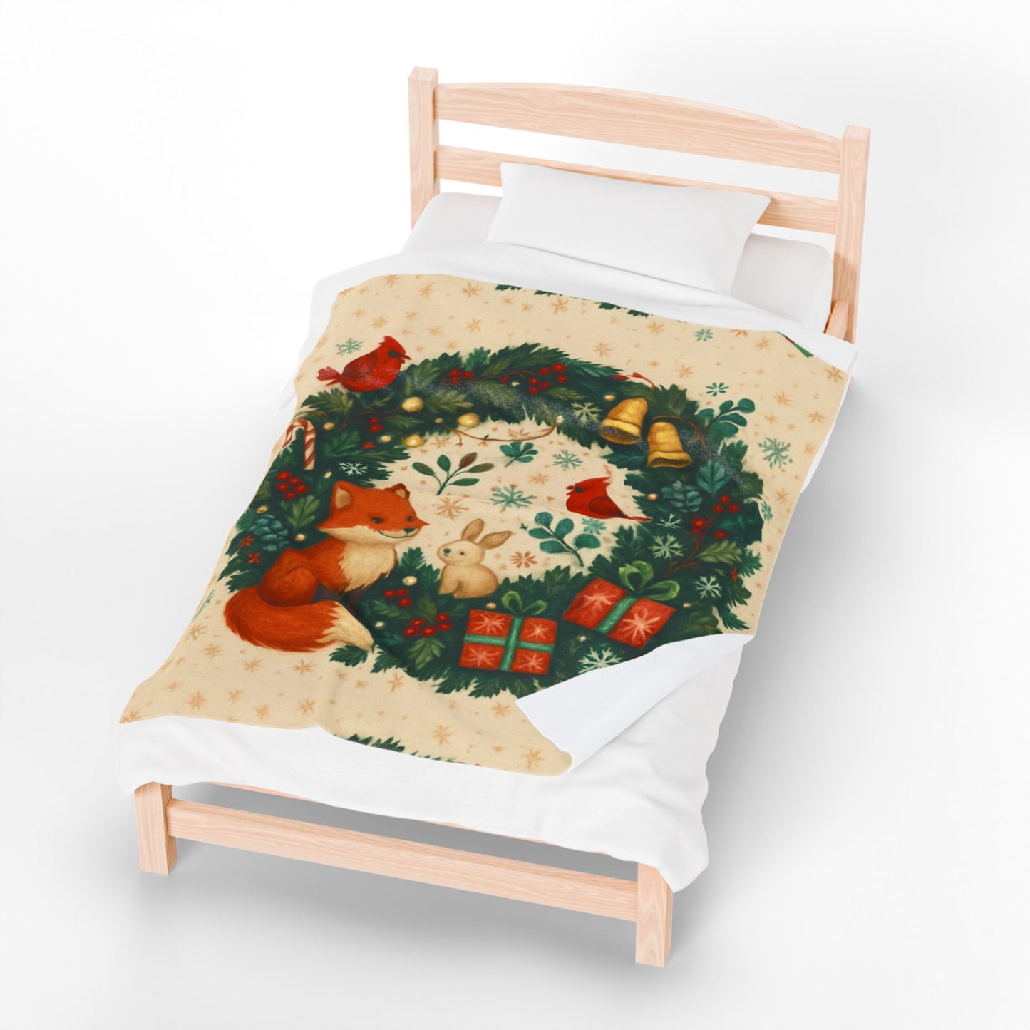 Cozy Holiday Velveteen Plush Blanket with Fox & Wreath Design, Warm Snuggle Throw for Christmas, Winter Decor, Gift Idea