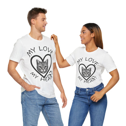 Cat Lover T-Shirt — "My Love My Heart" Kitty Heart Graphic Tee