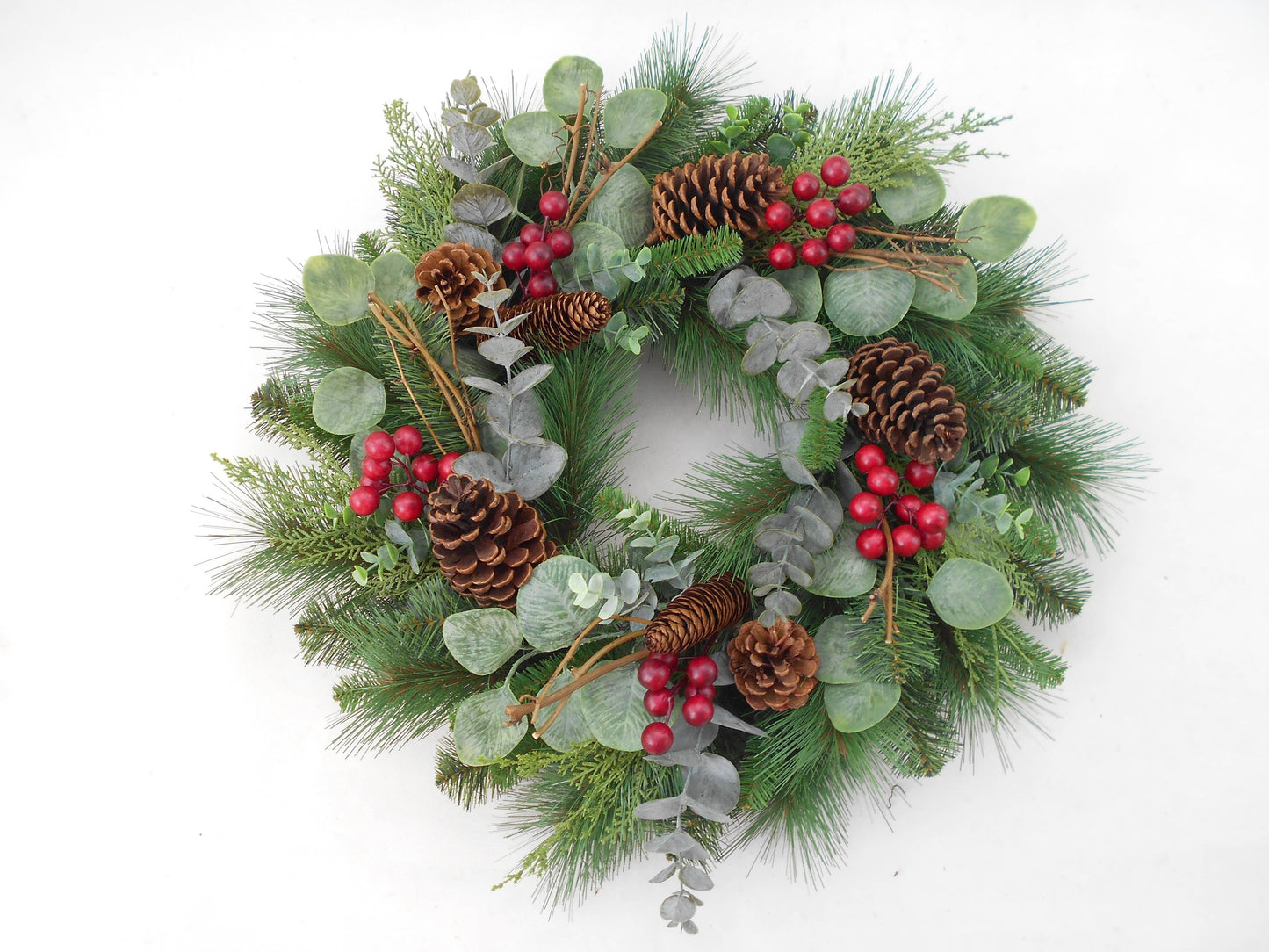 Beautiful! Artificial Christmas Pine Eucalyptus Red Berry Wreath 24"