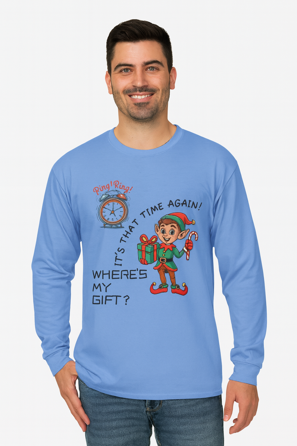 Christmas Elf Long Sleeve Adult Tee - 'Where's My Gift?'
