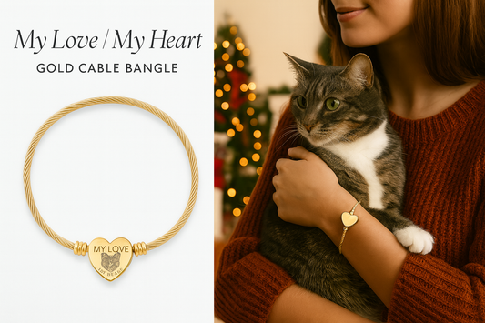 Pet Cat My Love My Heart (TM) Engraved Heart Cable Bangle