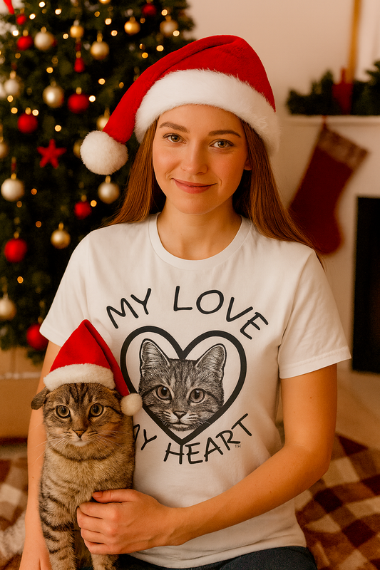 Cat Lover T-Shirt — "My Love My Heart" Kitty Heart Graphic Tee
