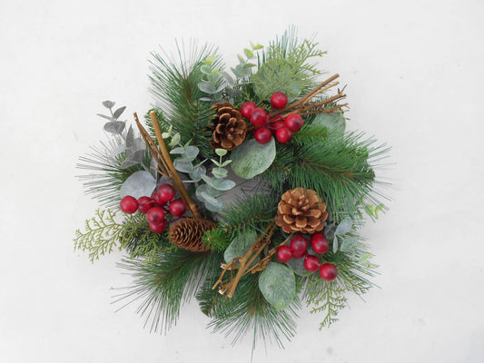 Beautiful! Artificial Christmas Pine Euc Red Berry Candle Ring 12"