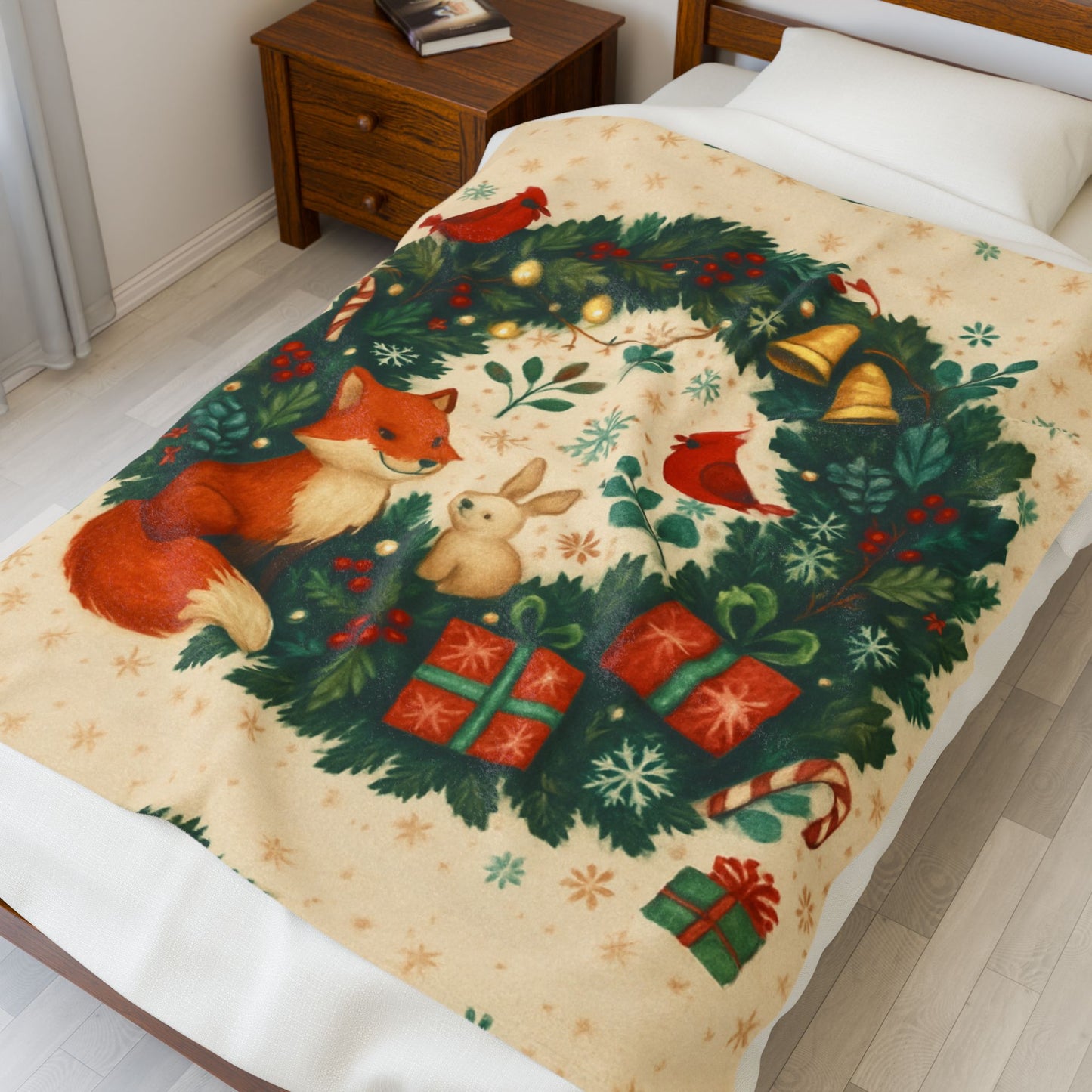 Cozy Holiday Velveteen Plush Blanket with Fox & Wreath Design, Warm Snuggle Throw for Christmas, Winter Decor, Gift Idea