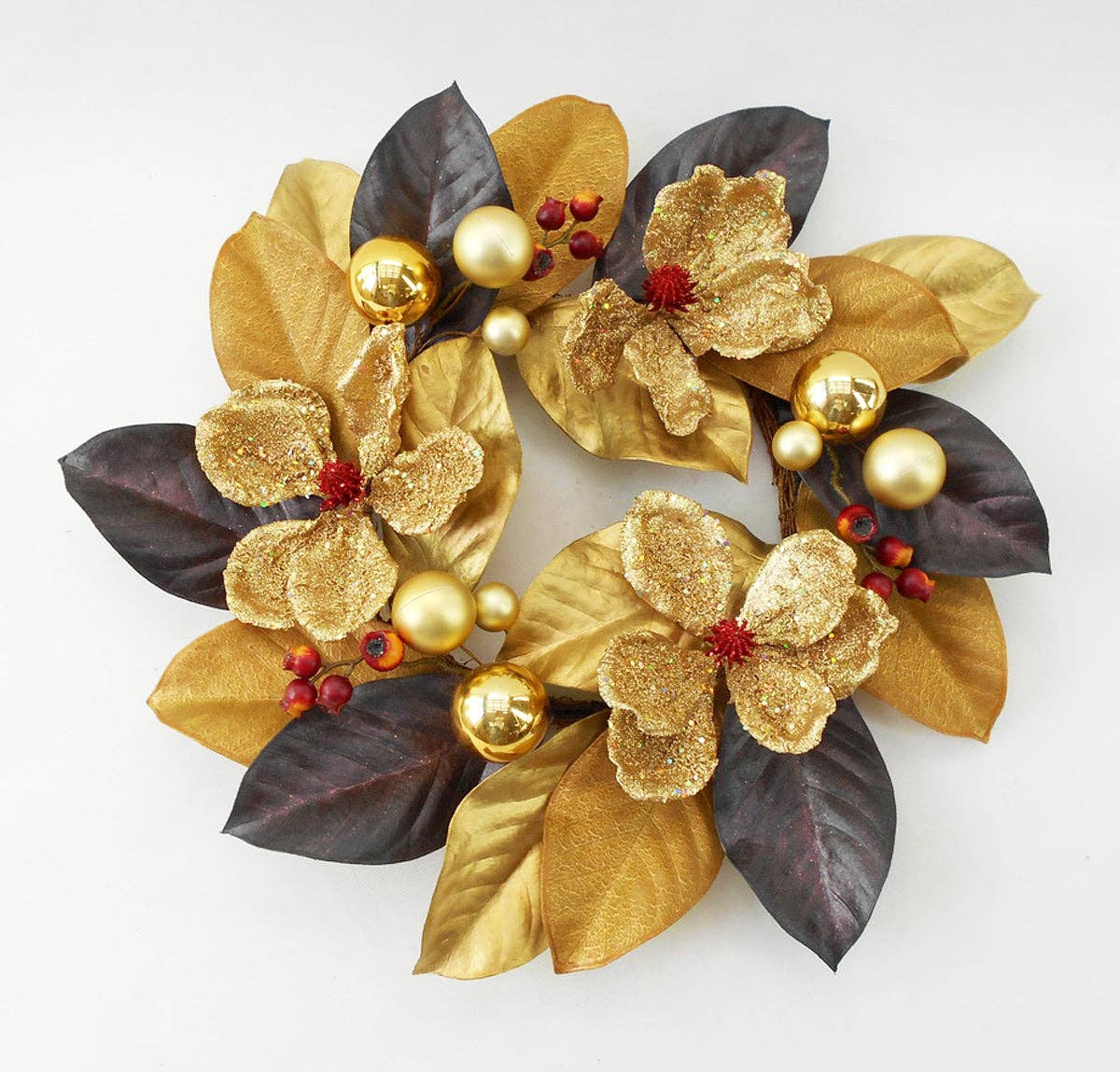 Beautiful! Christmas Magnolia Wreath with Ornaments 22" Gold