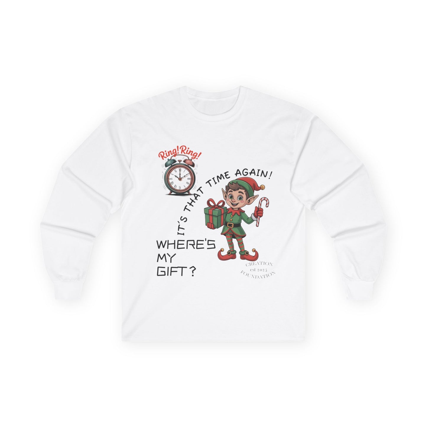 Christmas Elf Long Sleeve Adult Tee - 'Where's My Gift?'