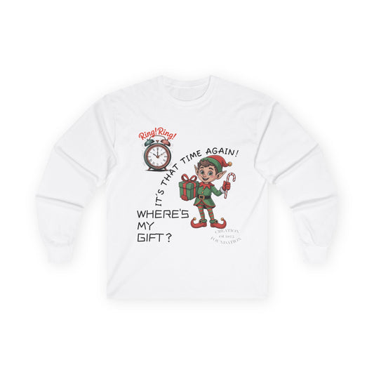 Christmas Elf Long Sleeve Adult Tee - 'Where's My Gift?'