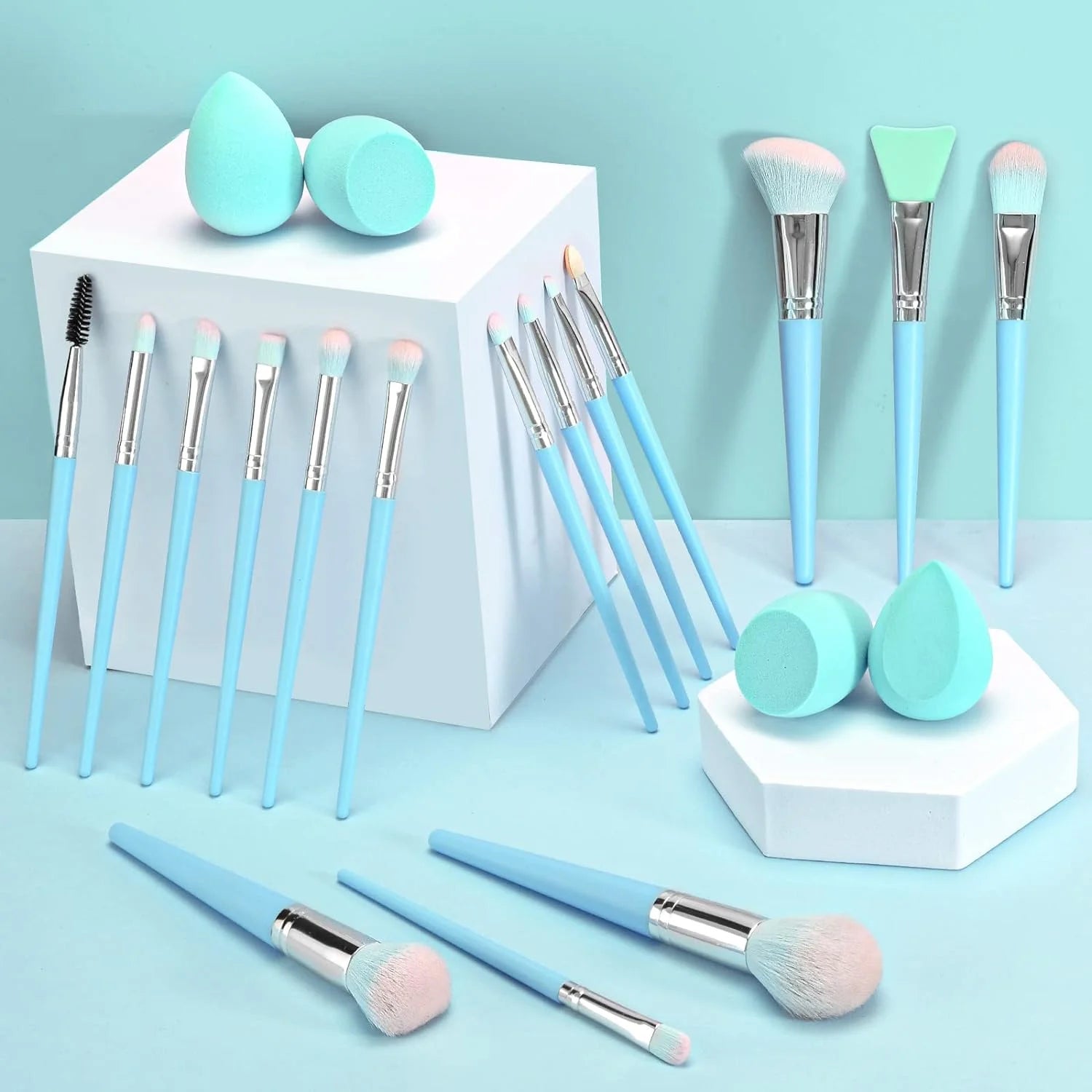 Makeup Brushes 16Pcs Professional Makeup Brush with Makeup Sponge Set Premium Synthetic Foundation Kabuki Eyebrow Concealers Blending Eye Shadow Brushes Make up Tool Kit (Blue)