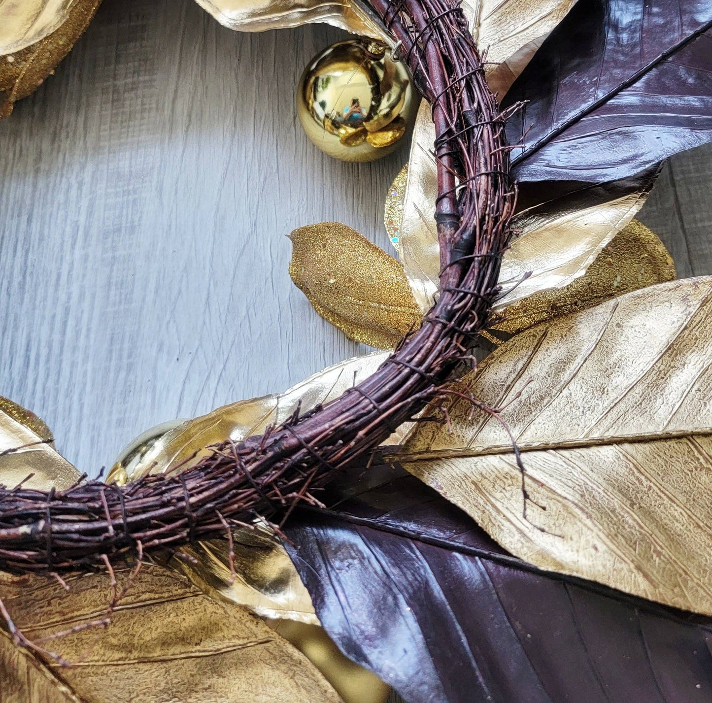 Beautiful! Christmas Magnolia Wreath with Ornaments 22" Gold