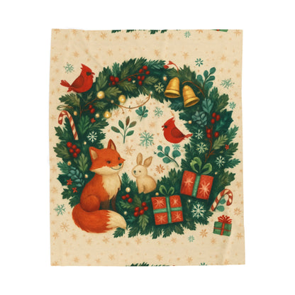 Cozy Holiday Velveteen Plush Blanket with Fox & Wreath Design, Warm Snuggle Throw for Christmas, Winter Decor, Gift Idea