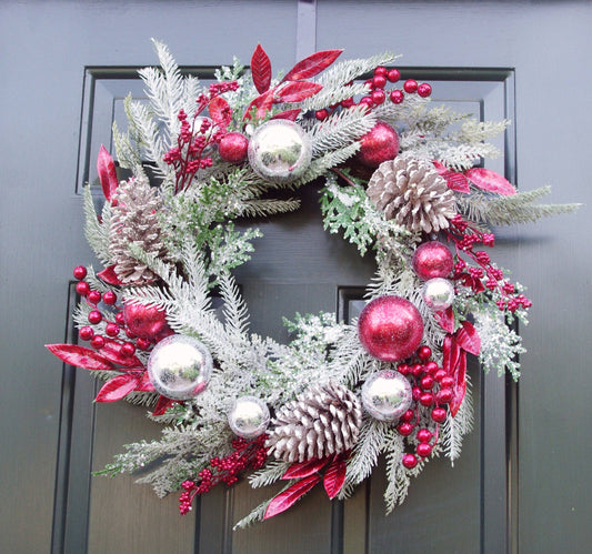Beautiful! Christmas Pine Wreath 24" with Ornaments and Pine Cones Red