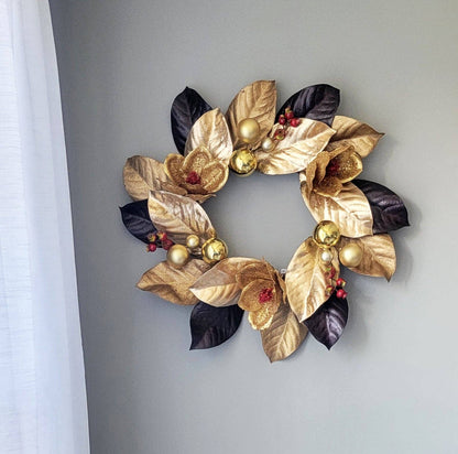 Beautiful! Christmas Magnolia Wreath with Ornaments 22" Gold