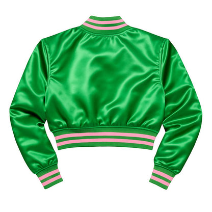 AKA Greek Apparel L Cropped Satin Varsity Jacket