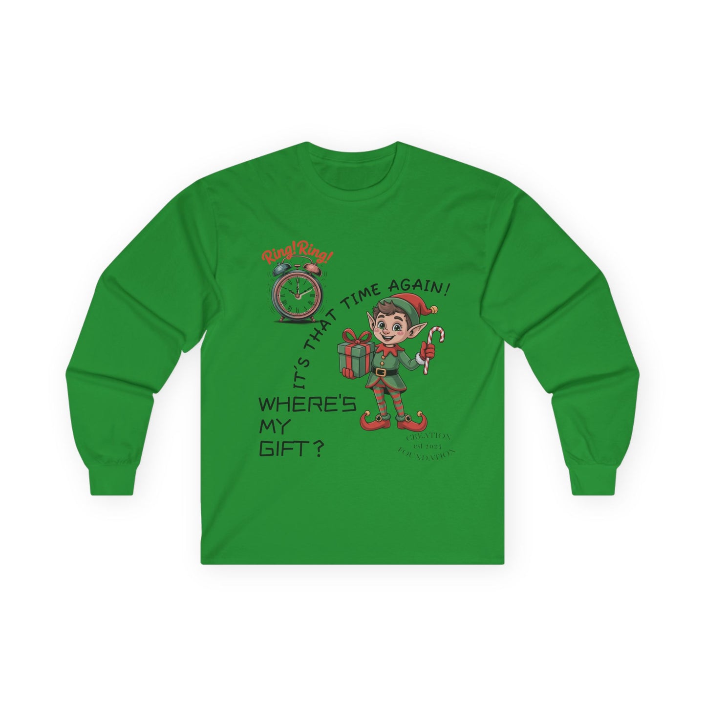 Christmas Elf Long Sleeve Adult Tee - 'Where's My Gift?'