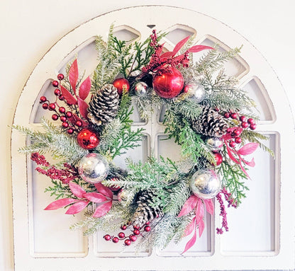 Beautiful! Christmas Pine Wreath 24" with Ornaments and Pine Cones Red