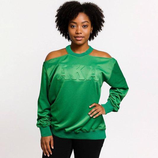 AKA Greek Merch L Green Cold Shoulder Sweatshirt
