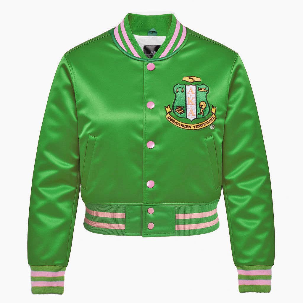 AKA Greek Apparel L Cropped Satin Varsity Jacket