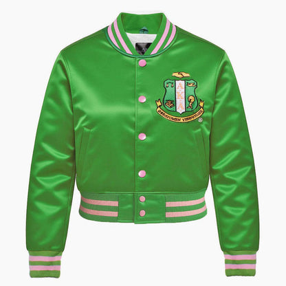 AKA Greek Apparel L Cropped Satin Varsity Jacket