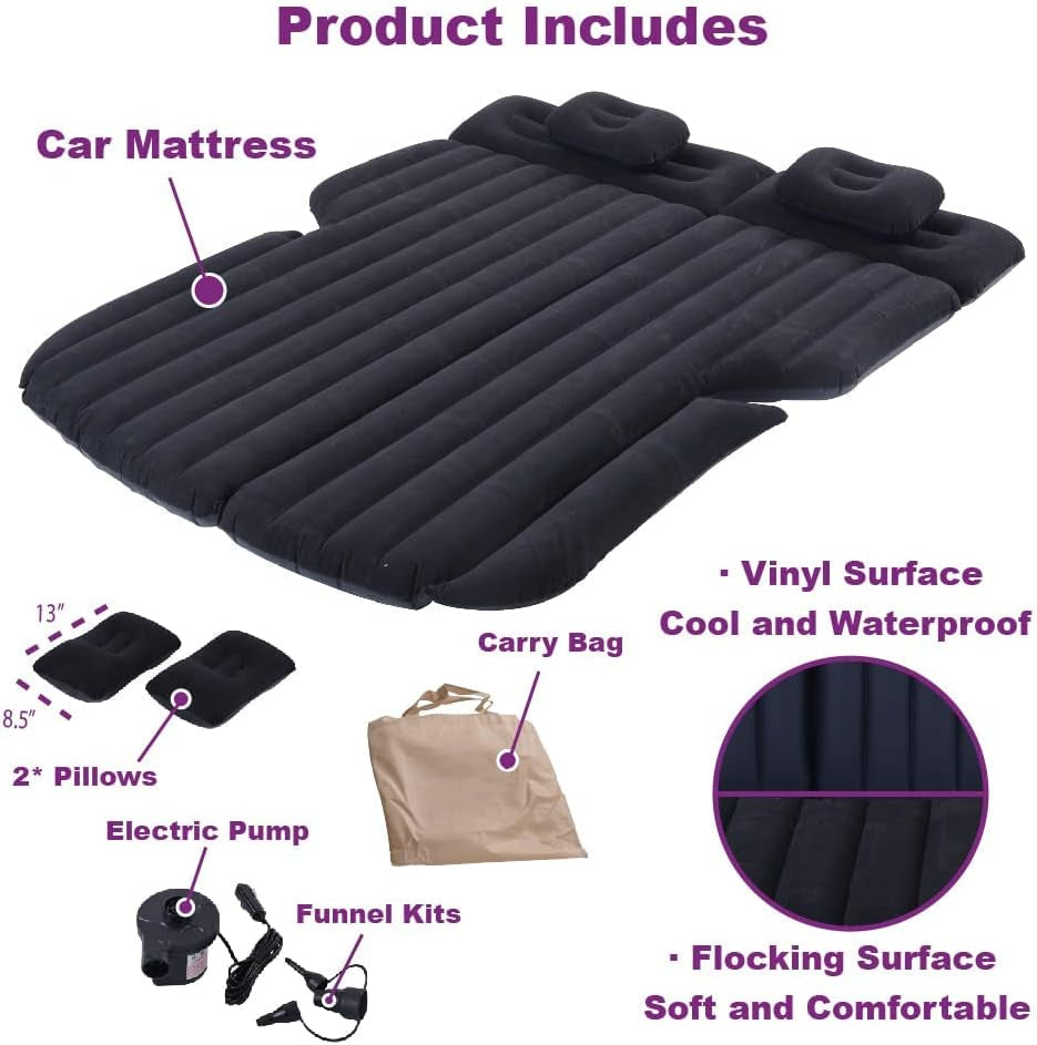 Inflatable Car Mattress, Car Bed for Back Seat, Car Air Mattress with Auto Air Pump, Portable Camping Mattress, Sleeping Pad (SUV Black)