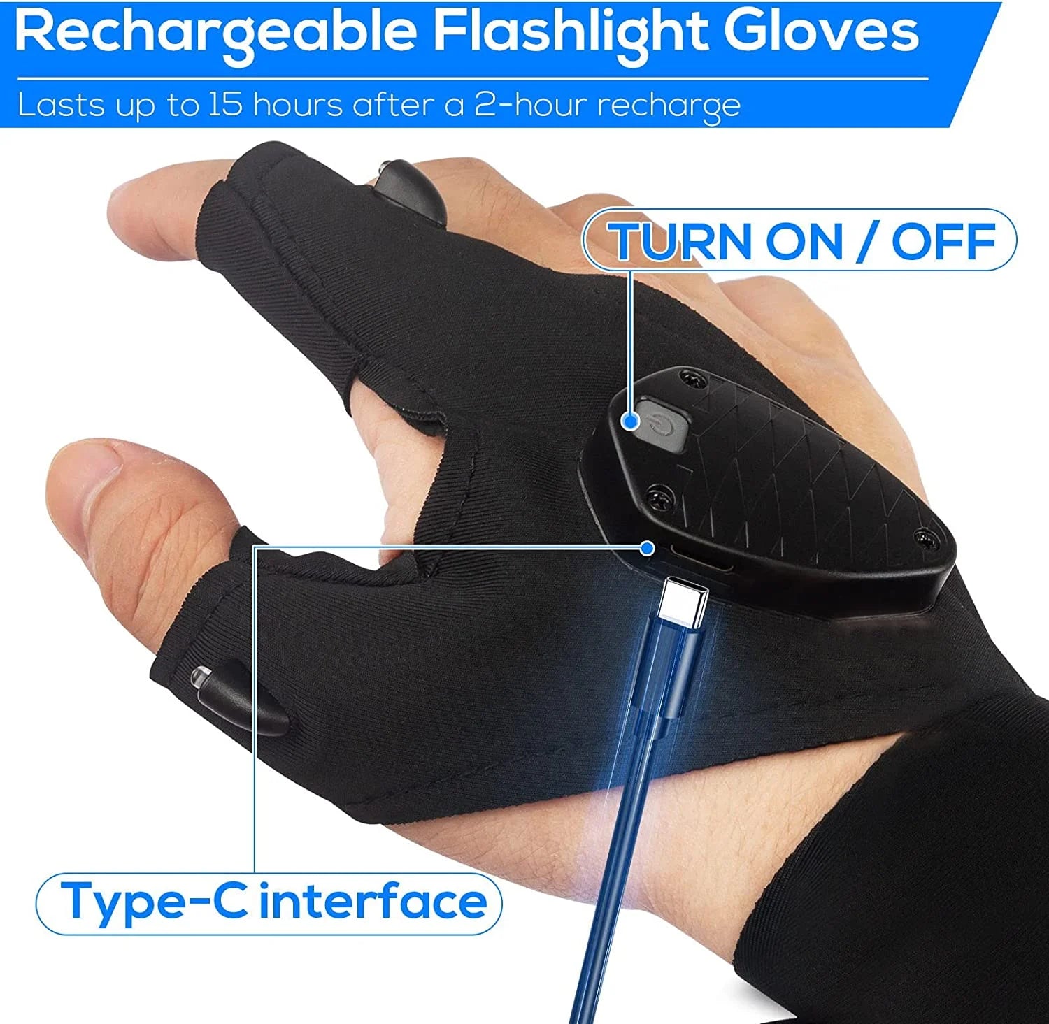 Rechargeable LED 15 Hours Flashlight Gloves